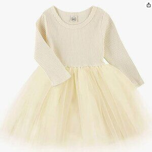Long Sleeve Little Girls Tutu Dress, Cream Color - Size 4-5T